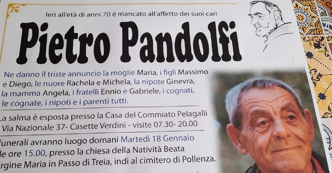 Cordoglio a Treia e Pollenza per la scomparsa di Pietro Pandolfi